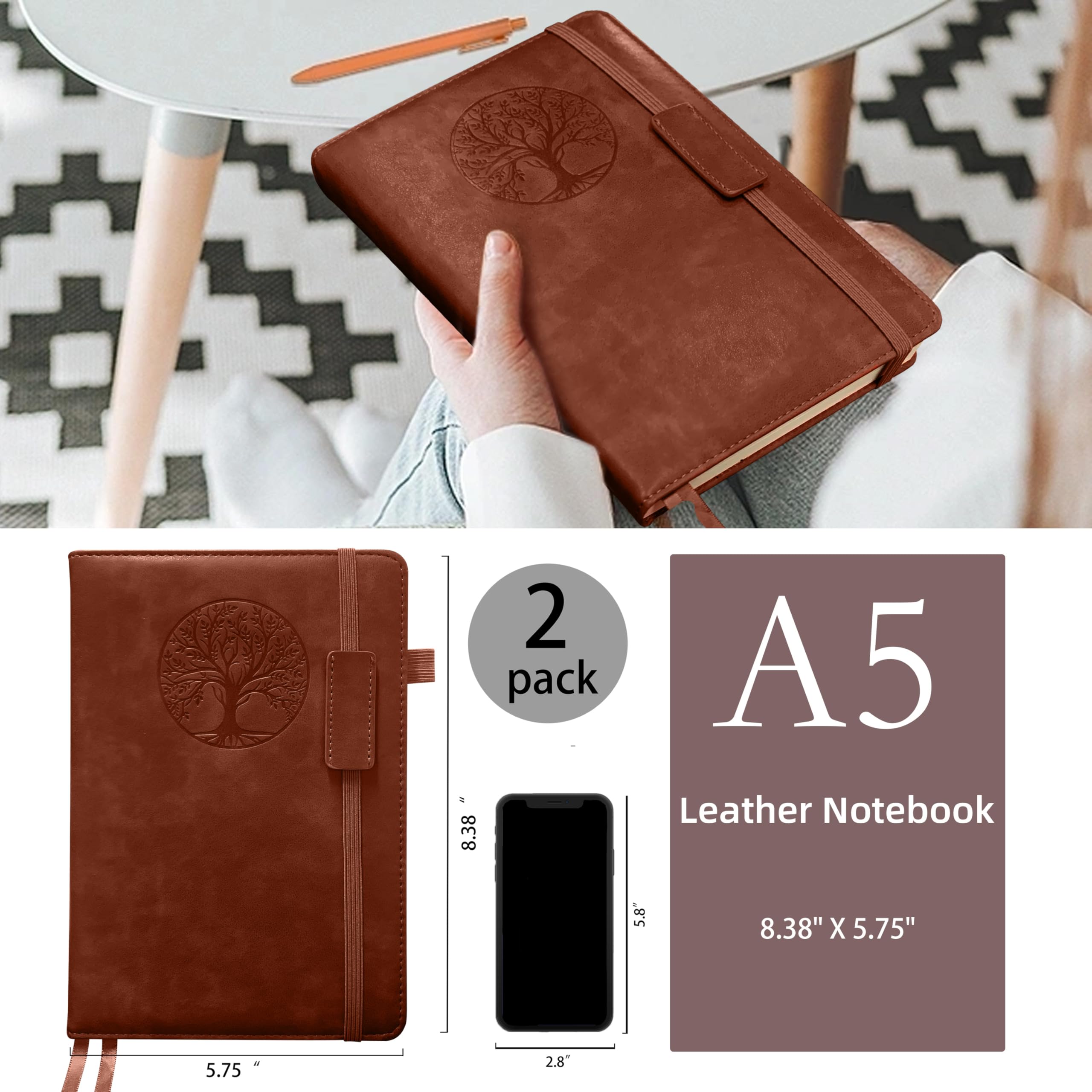 Notebook Journal 2 Pack, A5 Leather Notebooks